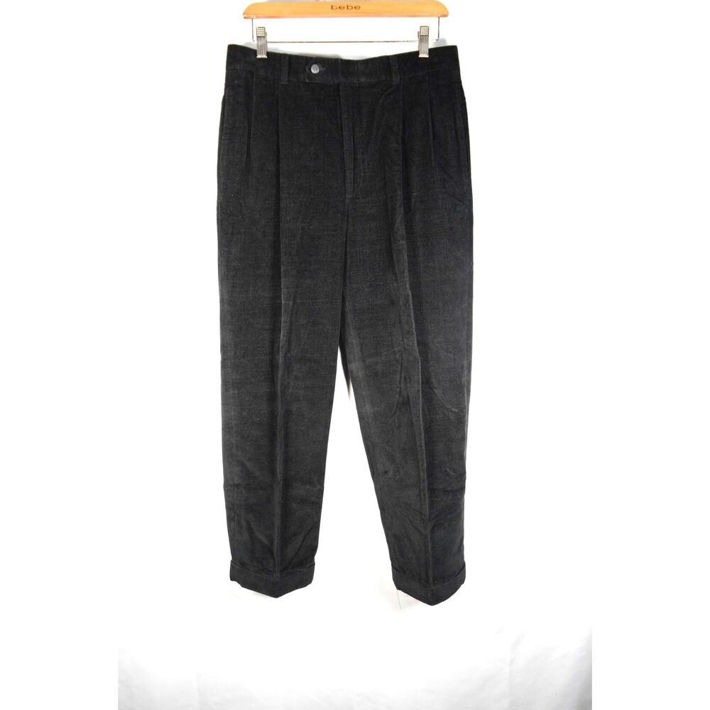 Berle Tailored Mens Slacks Black Pants Cuffed Pleated Twill Weave 32"x27" EUC